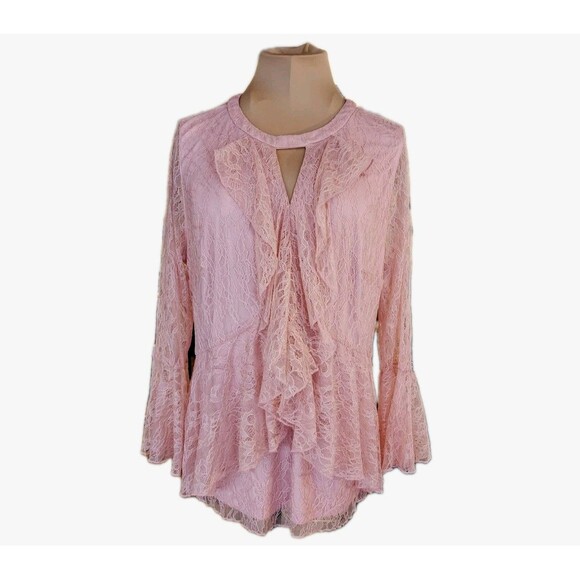 Isaac Mizrahi Live Pink Lace Ruffle Peplum Top Blouse Women’s 14 Bell‎ Sleeve - Picture 1 of 8